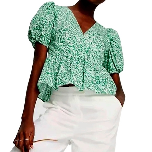 TOPSHOP Blouse Bitsy Green Floral Peplum Shirt Top Cutout Tie Back Plunge Neck - Picture 1 of 14
